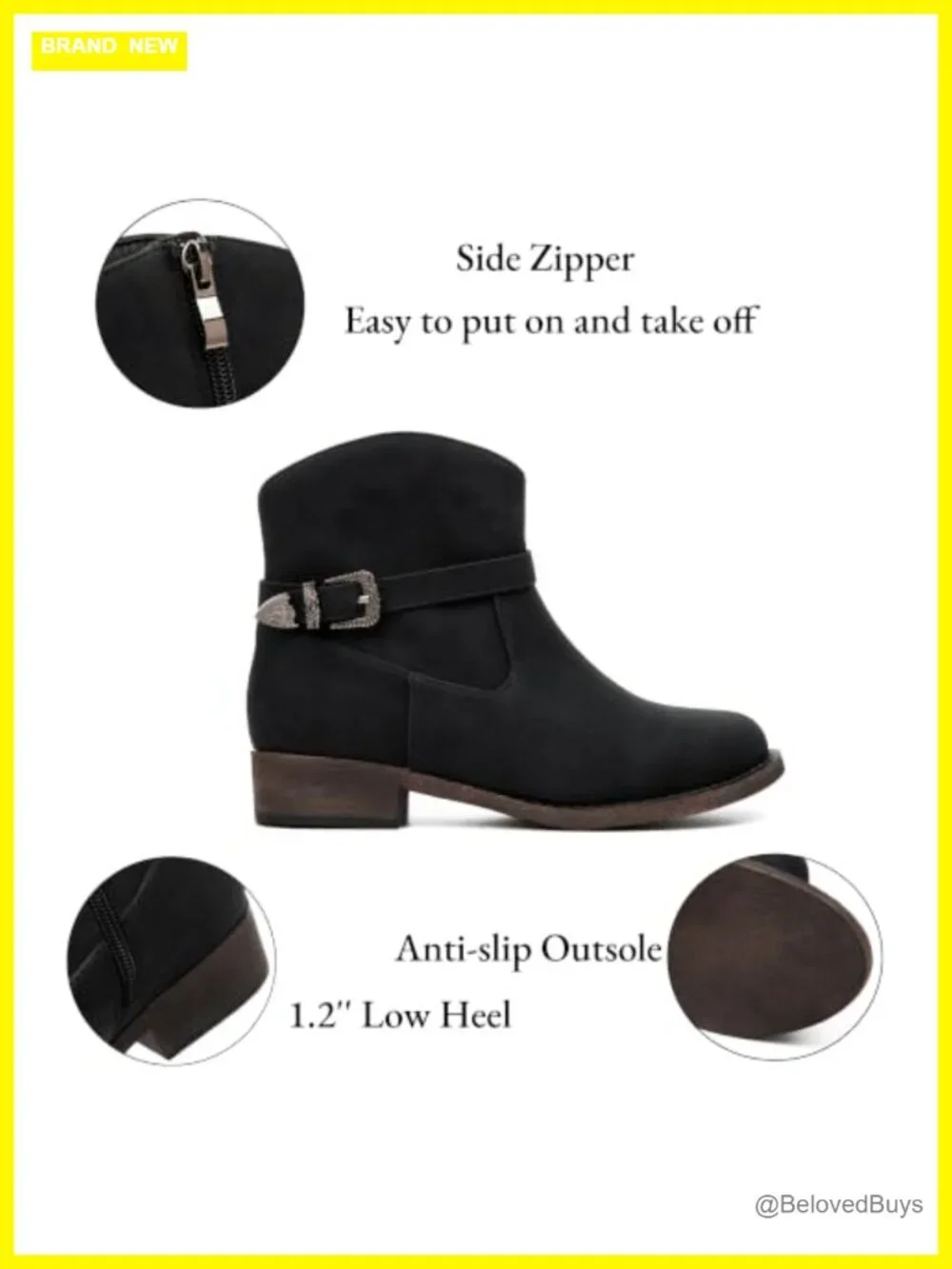 Faux Leather Ankle Boots Low Chunky Heel Side Zipper Women's Western Bootie